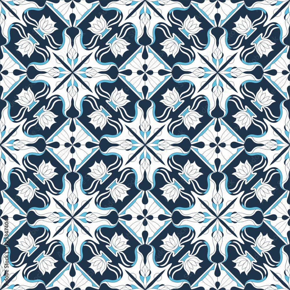 Classic Ornamental Tile Pattern with Balanced Blue and White Styling Classic Ornamental Tile Pattern with Balanced Blue and White Styling