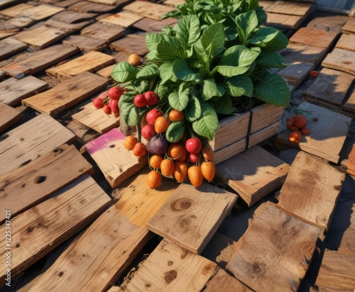 Ein Hochbeet aus Holzpaletten auf einem Dachboden, gestaltung, dekor photo