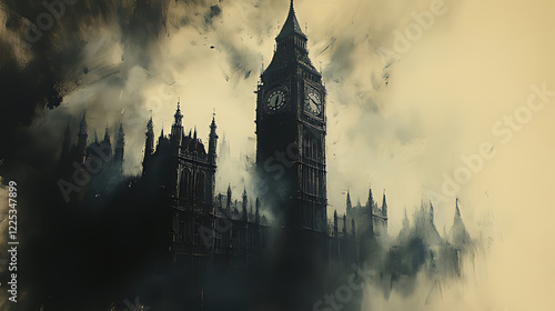 London Parliament, stormy sky, ominous clouds, apocalyptic scene, film poster