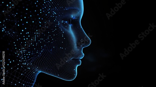 Fototapeta Naklejka Na Ścianę i Meble -  Digital face, a wireframe representation of a human head, glowing nodes forming a mesh.