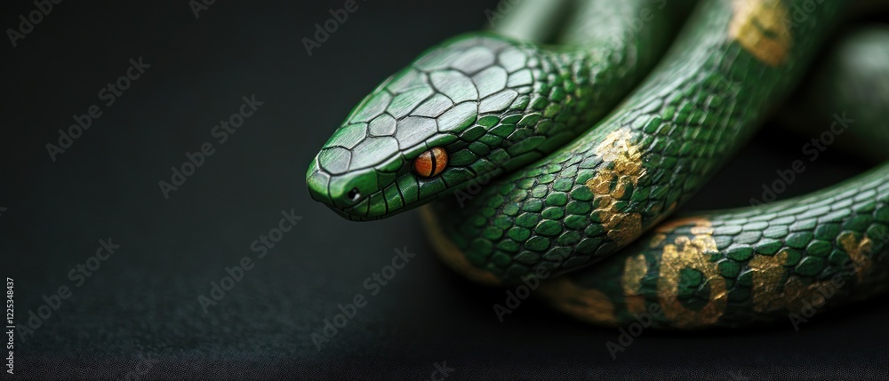 Obraz premium A Close-Up Shot Of A Meticulously Crafted Green Snake Figurine, Its Scales Gleaming With Gold Accents, Rests Against A Dark Background, Creating A Mysterious And Captivating Image.