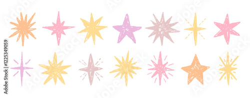 Crayon star, hand drawn pencil or brush doodle pattern. Pastel texture. Color background with star figure. Vector chalk kid sketch shape. Sparkle icon sticker. Crayon pastel kindergarten scribble bg