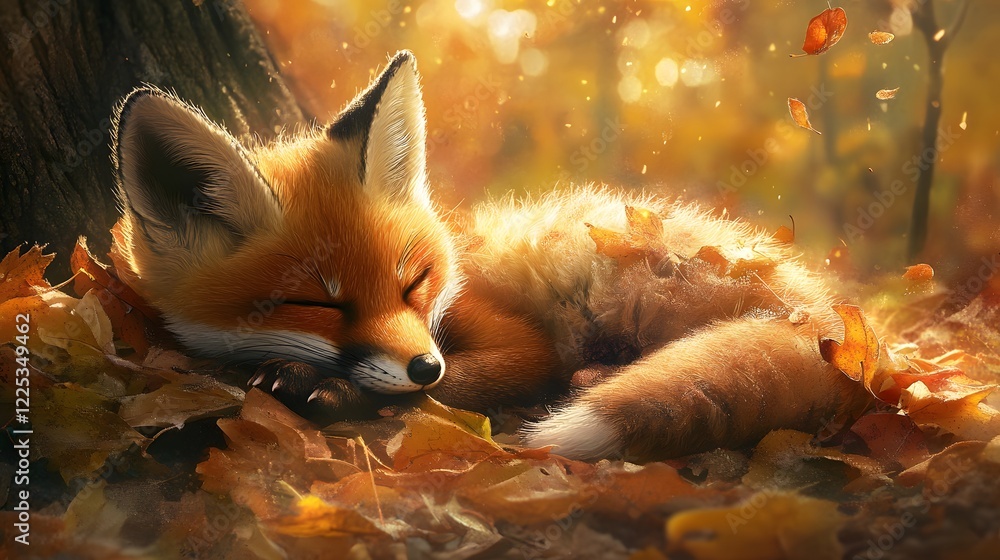 Obraz premium Sleeping Fox Among Colorful Autumn Leaves in a Forest Setting