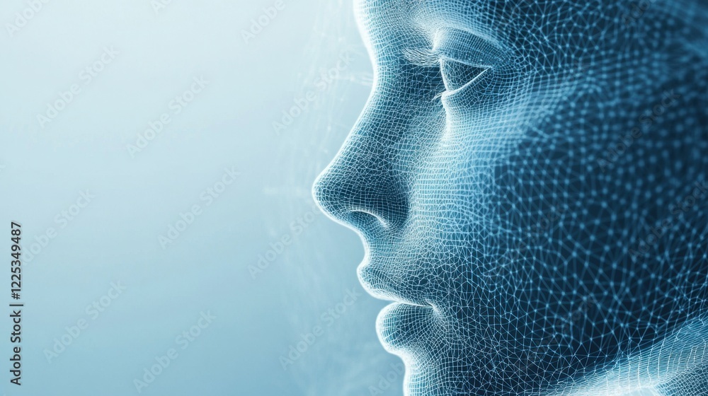 Wireframe face, digital rendering of a human head in a network mesh. Wireframe face, digital rendering of a human head in a network mesh.