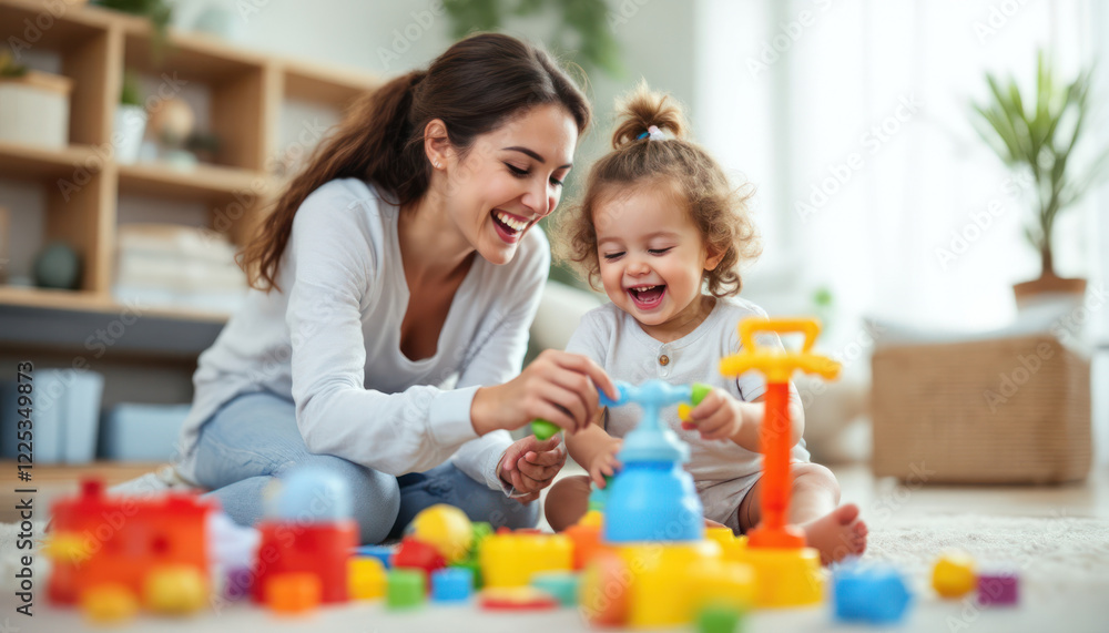 Joyful Mother and Daughter Playing with Colorful Toys Joyful Mother and Daughter Playing with Colorful Toys