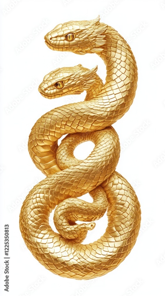 Obraz premium A Golden Sculpture Of Two Intertwined Snakes, Detailed Scales, And Intense Eyes.