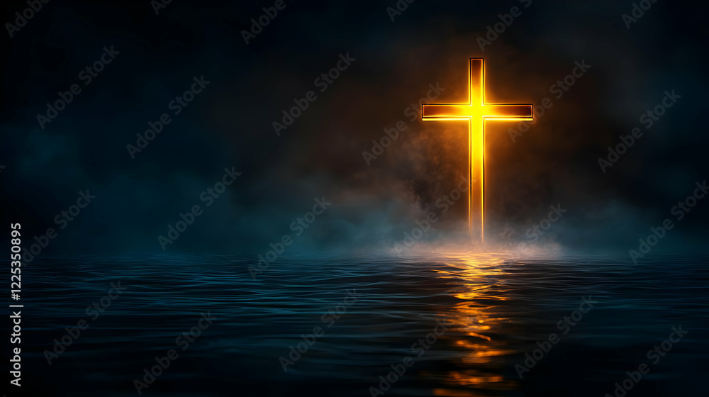 Fototapeta premium A luminous cross shining through dark waters, symbolizing hope and faith against a serene backdrop.