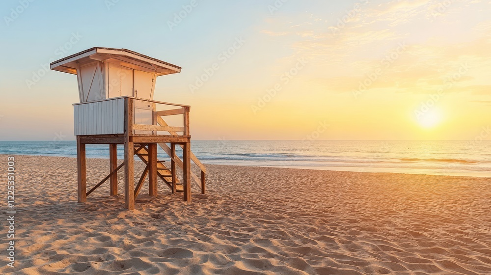 Lifeguard Tower on Sandy Beach During Vibrant Sunset Sky Lifeguard Tower on Sandy Beach During Vibrant Sunset Sky