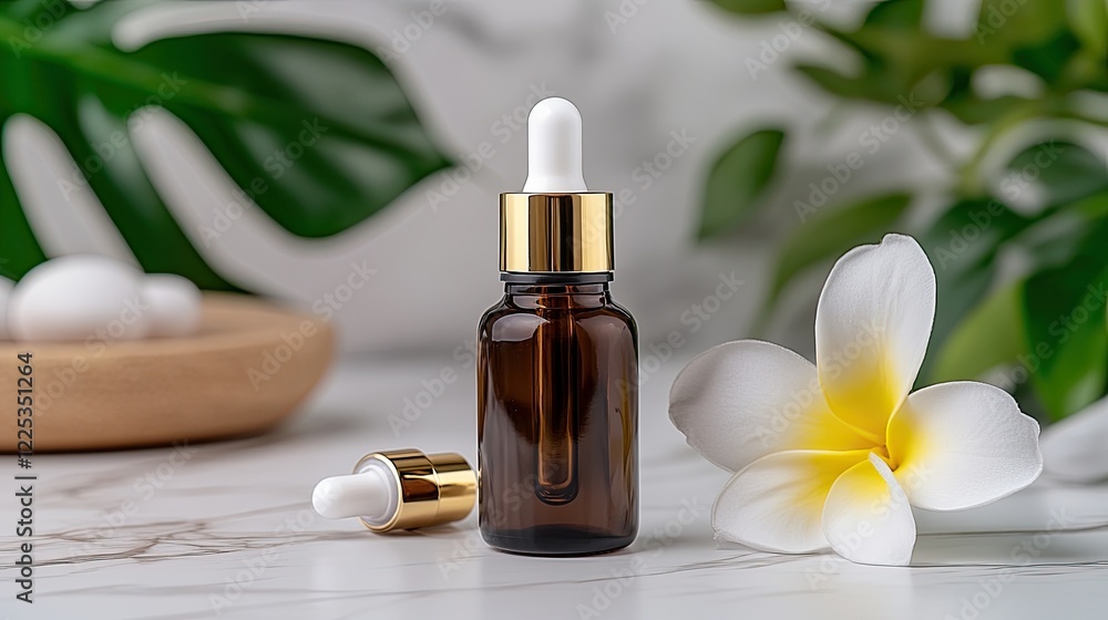 Three amber glass dropper bottles are arranged on a wooden table surrounded by plants and flowers, evoking a calm spa vibe Three amber glass dropper bottles are arranged on a wooden table surrounded by plants and flowers, evoking a calm spa vibe