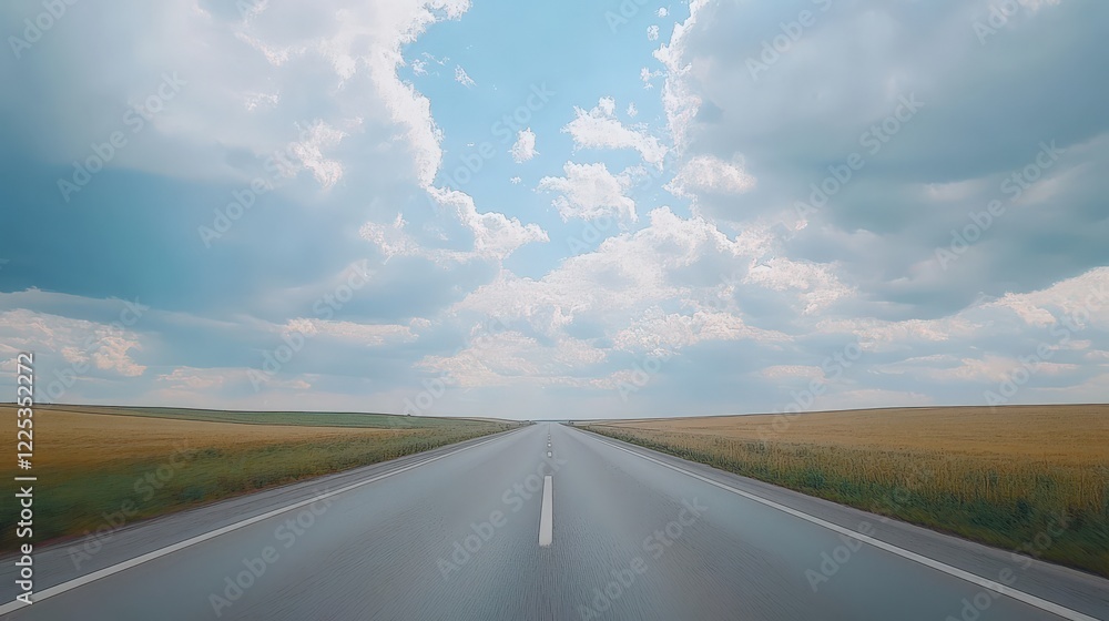 Expansive highway stretching into the horizon under a cloudy blue sky with fields on either side Expansive highway stretching into the horizon under a cloudy blue sky with fields on either side