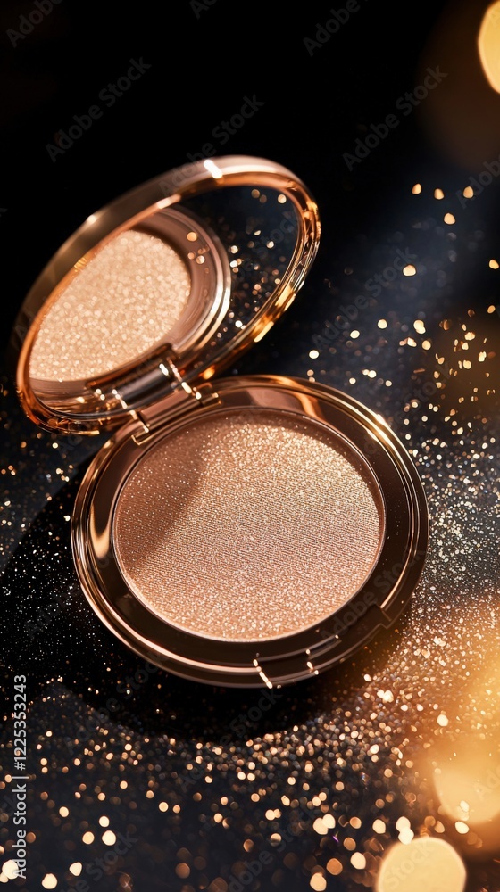 A luxurious flat-lay featuring golden highlighters, shimmery eyeshadow pots, and sleek black makeup brushes on a gold-mirrored surface, creating an opulent and glamorous beauty aesthetic. A luxurious flat-lay featuring golden highlighters, shimmery eyeshadow pots, and sleek black makeup brushes on a gold-mirrored surface, creating an opulent and glamorous beauty aesthetic.