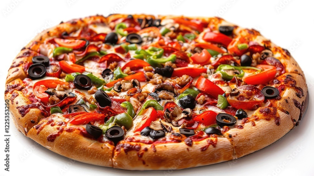 Close up of delicious appetizing pizza on white background with cheese, salami, olives and greens, whole pizza Close up of delicious appetizing pizza on white background with cheese, salami, olives and greens, whole pizza