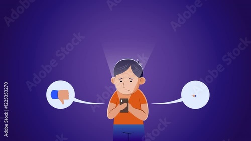 Animation of teenage victim of cyberbullying crying staring at smartphone screen