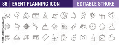 Collection of event planning icons. Lifestyle, party, festival, celebration. Vector design template, signs, symbols, editable stroke.