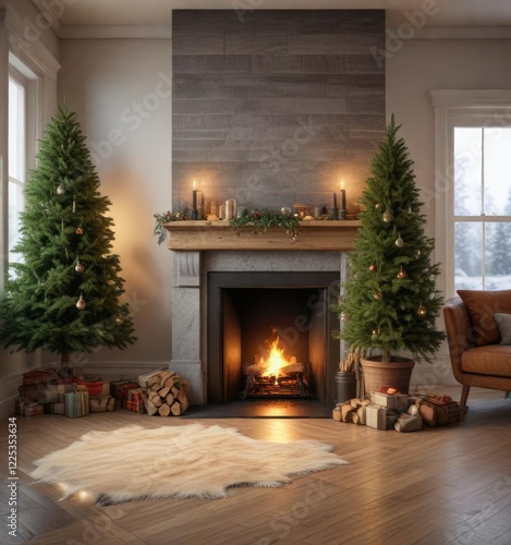 Fireplace with a beautifully decorated evergreen tree on the floor beside it, stockings, cozy photo