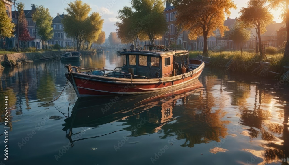 Obraz premium Fishing boat partially submerged in canal water, rusty hull, canal water