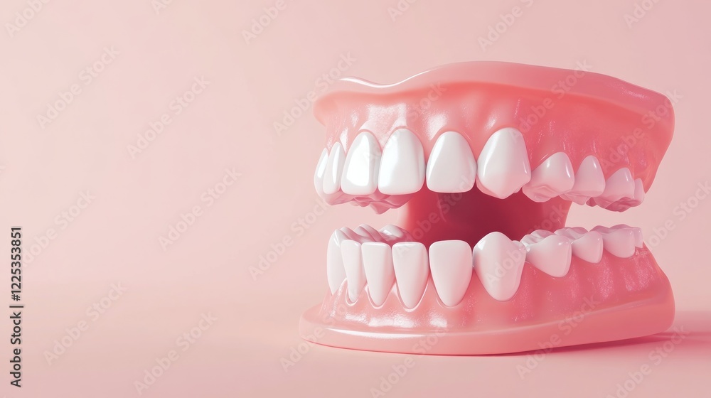 Fototapeta premium Healthy teeth model, pink background, dental care