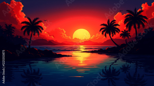 Tropical beach at sunset with sparkling ocean, light sand, and a blurred horizon.