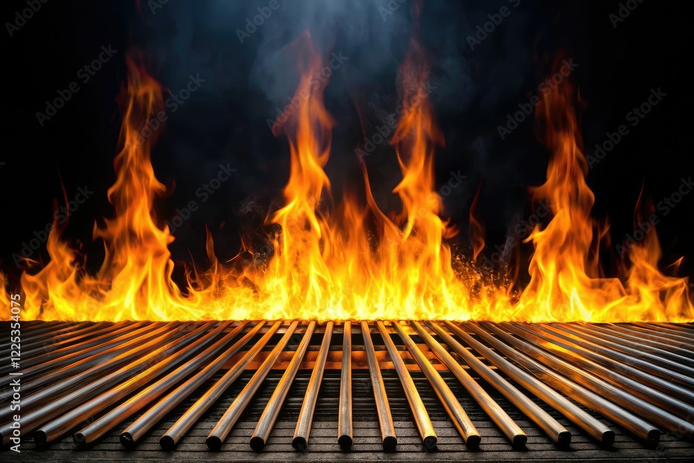 Flames licking at the edge of a dark metal grate, mechanical parts, crackling sound Flames licking at the edge of a dark metal grate, mechanical parts, crackling sound