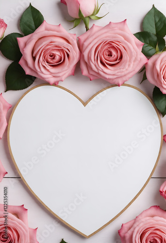 Pink rose flowers and heart with space for text