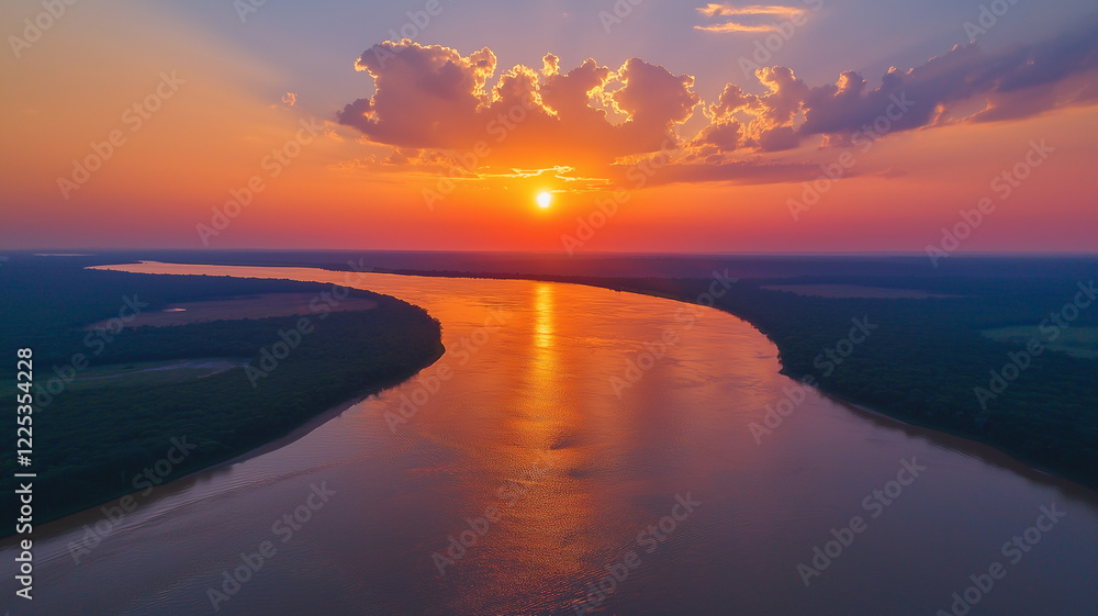 Fototapeta premium Aerial view of winding river at sunset, showcasing vibrant colors and reflections on water. serene landscape evokes sense of tranquility and natural beauty