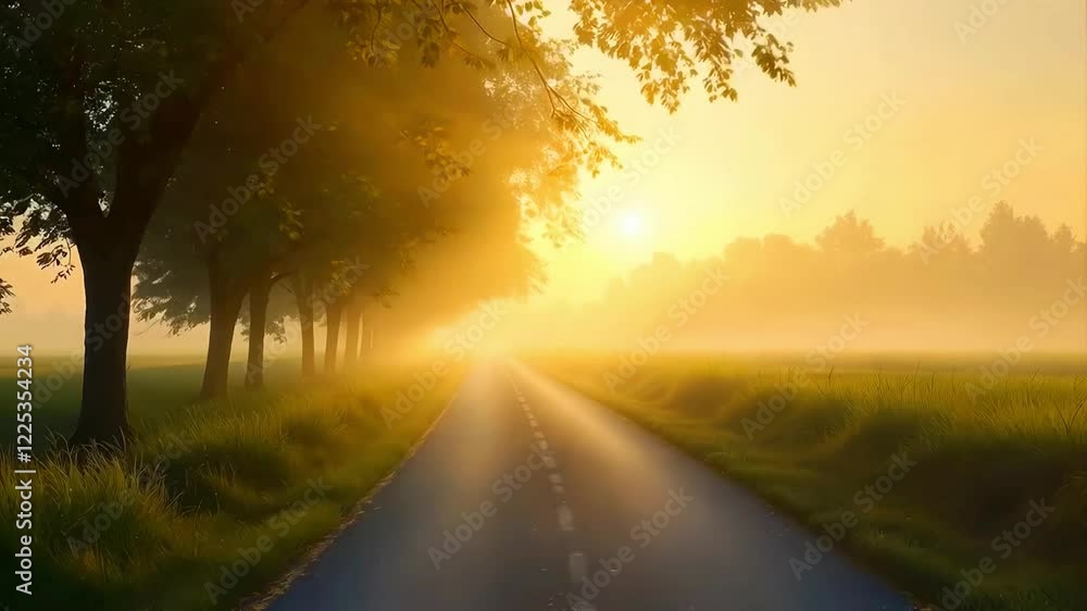 Sunrise on a misty country road, golden sunbeams through trees, atmospheric fog Sunrise on a misty country road, golden sunbeams through trees, atmospheric fog