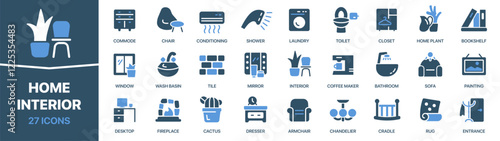 Home interior colored signed icon collection. Laundry, closet, bathroom, toilet, chair icons. UI icon set. Colored icons pack. Vector illustration