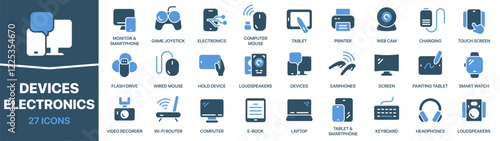 Devices and electronics colored signed icon collection. Smartphone, monitor, laptop, tablet, headphones icons. UI icon set. Colored icons pack. Vector illustration