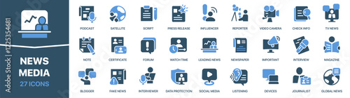 News and media colored signed icon collection. Reporter, newspaper, interview, blogger icons. UI icon set. Colored icons pack. Vector illustration