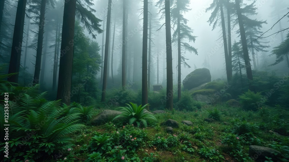 Obraz premium Foggy, misty forest clearing with tall trees and ferns, overgrown with wildflowers and moss-covered rocks in the distance, grunge, fog, misty