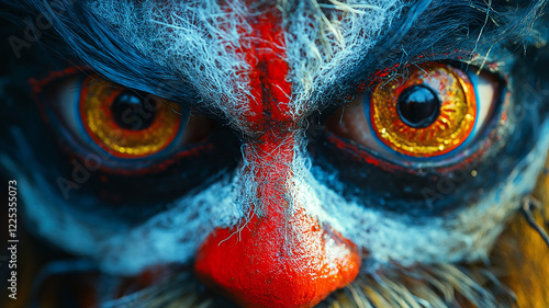 Close up of colorful carnival mask with vibrant eyes and intricate details, showcasing artistic craftsmanship and cultural significance