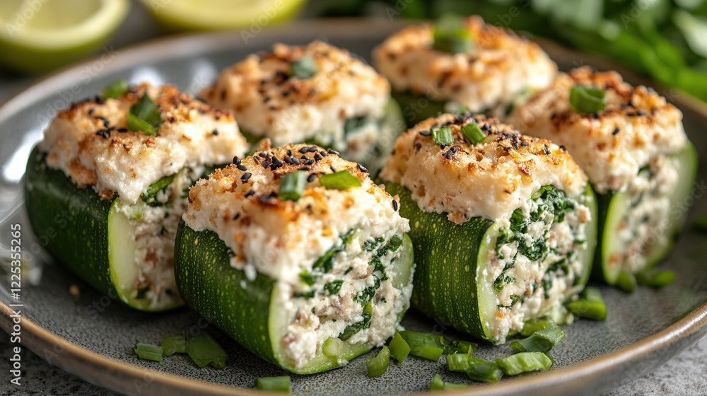 Stuffed zucchini boats with creamy filling, herbs, sesame seeds. Delicious healthy recipe Stuffed zucchini boats with creamy filling, herbs, sesame seeds. Delicious healthy recipe