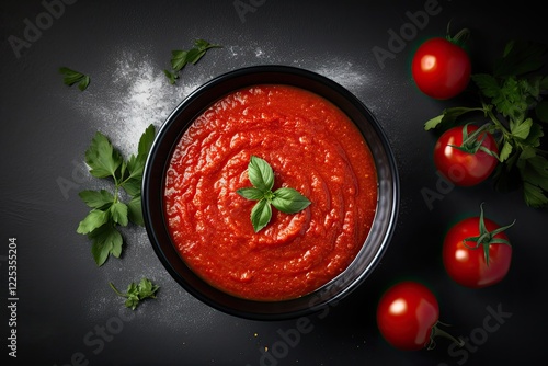 Italian style tomato sauce in black bowl on dark surface top view copy space