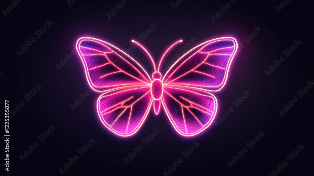 Fototapeta premium A pink butterfly logo icon, glowing in a neon style, against a dark background, with no shadow on the background, in a front view.