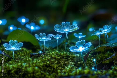 Glowing bioluminescent plants in a dark enchanted forest, creating a magical and mysterious atmosphere photo