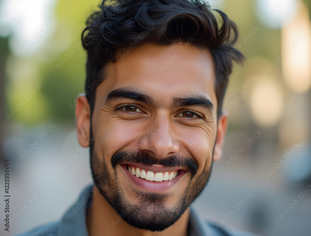 Obraz premium Close-Up of a Young Middle Eastern Man with a Trimmed Beard Smiling in Soft Outdoor Light