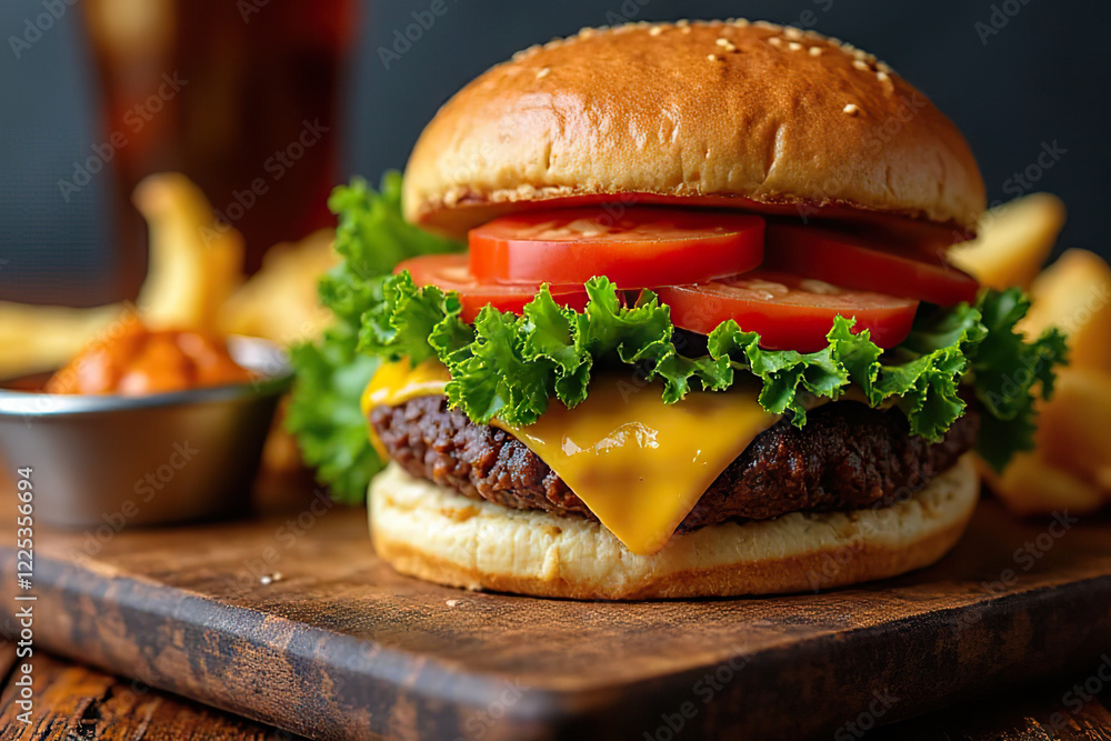 juicy cheeseburger with lettuce, tomato, and sesame seed bun served with fries juicy cheeseburger with lettuce, tomato, and sesame seed bun served with fries