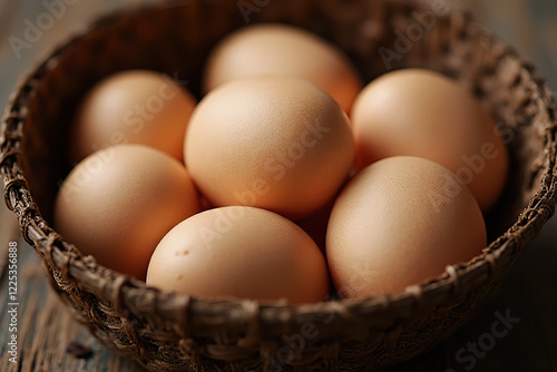 Wallpaper Mural close up of fresh brown eggs in woven basket on rustic wooden surface, evoking natural and organic feel Torontodigital.ca