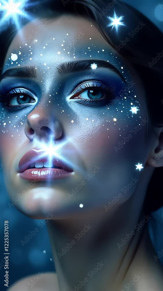 Woman's face transforms with shimmering stars and glowing blue makeup in a graceful progression Woman's face transforms with shimmering stars and glowing blue makeup in a graceful progression