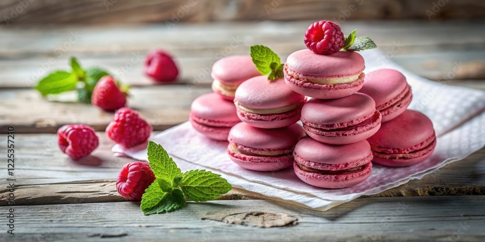 A delightful stack of pink macarons, adorned with fresh raspberries and mint leaves, rests on a rustic wooden surface. A delightful stack of pink macarons, adorned with fresh raspberries and mint leaves, rests on a rustic wooden surface.