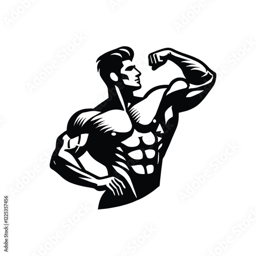 Bodybuilder posing or gym logo vector featuring an athletic fitness man.
