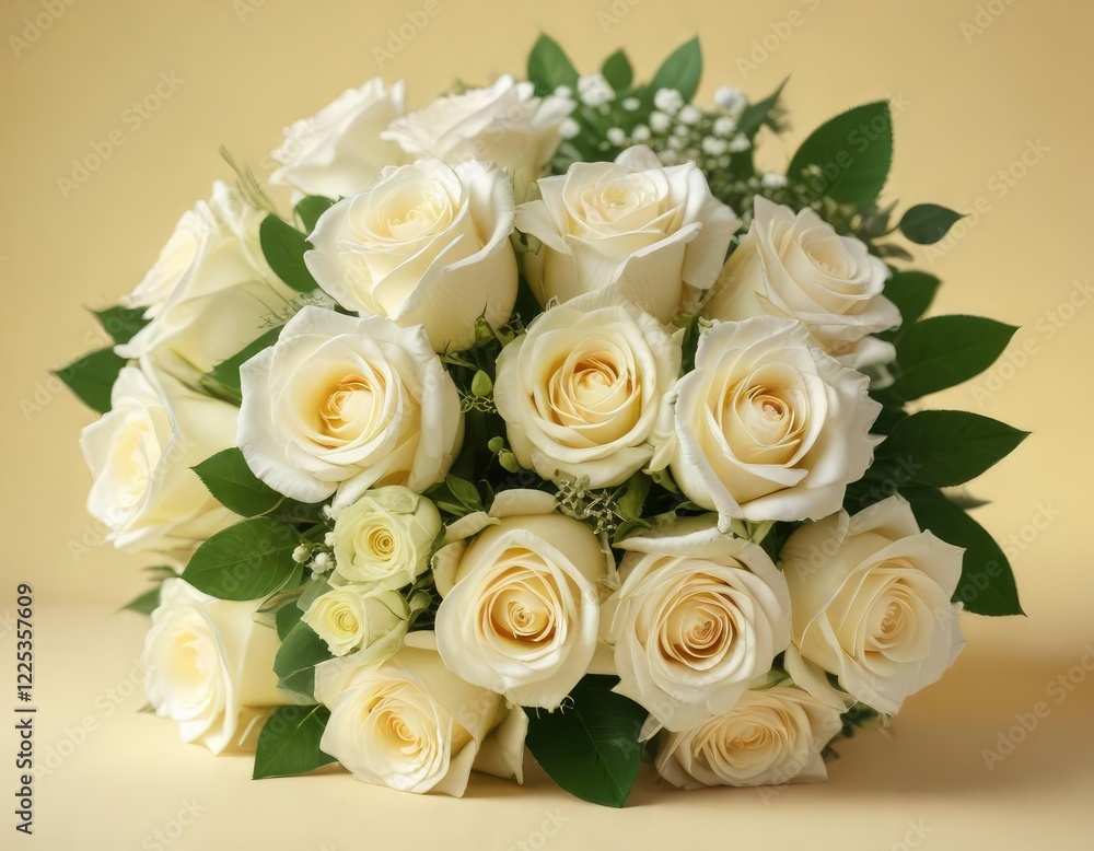 Fresh white roses in a bouquet on a soft yellow background with pastel green accents Spring floral arrangement, floral arrangement, fresh flowers, yellow petals Fresh white roses in a bouquet on a soft yellow background with pastel green accents Spring floral arrangement, floral arrangement, fresh flowers, yellow petals