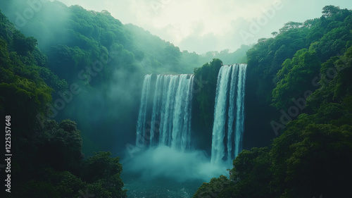 Majestic waterfall cascading through lush rainforest, surrounded by vibrant greenery and mist. serene and tranquil natural landscape that evokes sense of peace and wonder