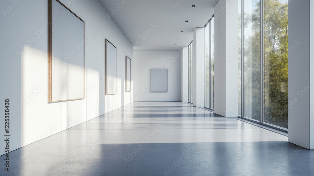Fototapeta premium serene minimalist art gallery interior with large windows, natural light, and empty frames on white walls creates tranquil atmosphere