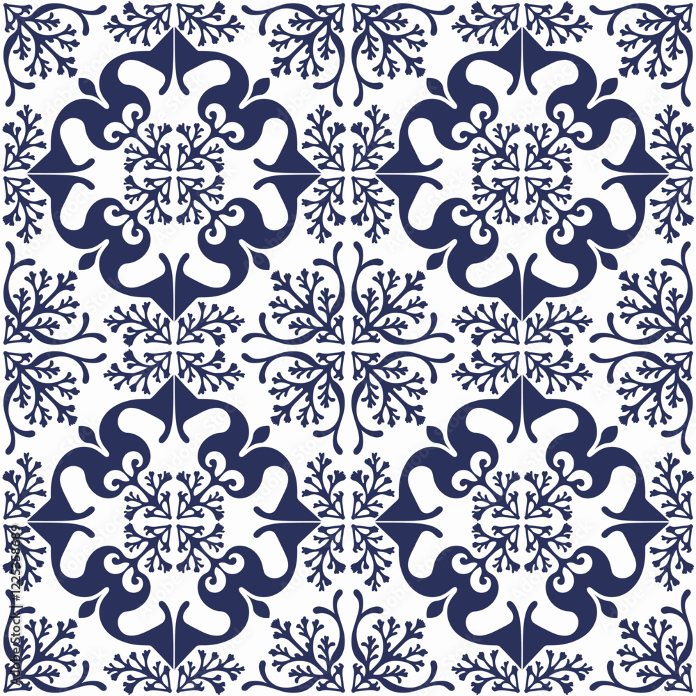 Traditional Blue and White Tile Pattern with Artistic Styling Traditional Blue and White Tile Pattern with Artistic Styling