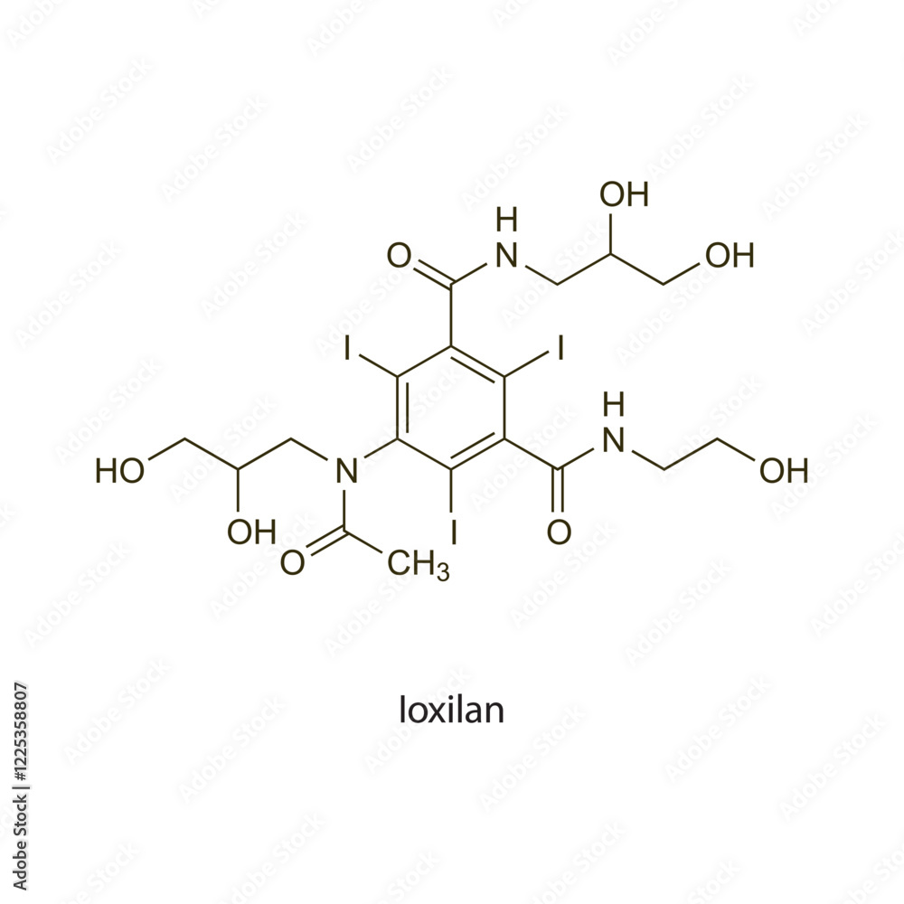 Ioxilan flat skeletal molecular structure Contrast media treatment. Vector illustration scientific diagram. Ioxilan flat skeletal molecular structure Contrast media treatment. Vector illustration scientific diagram.