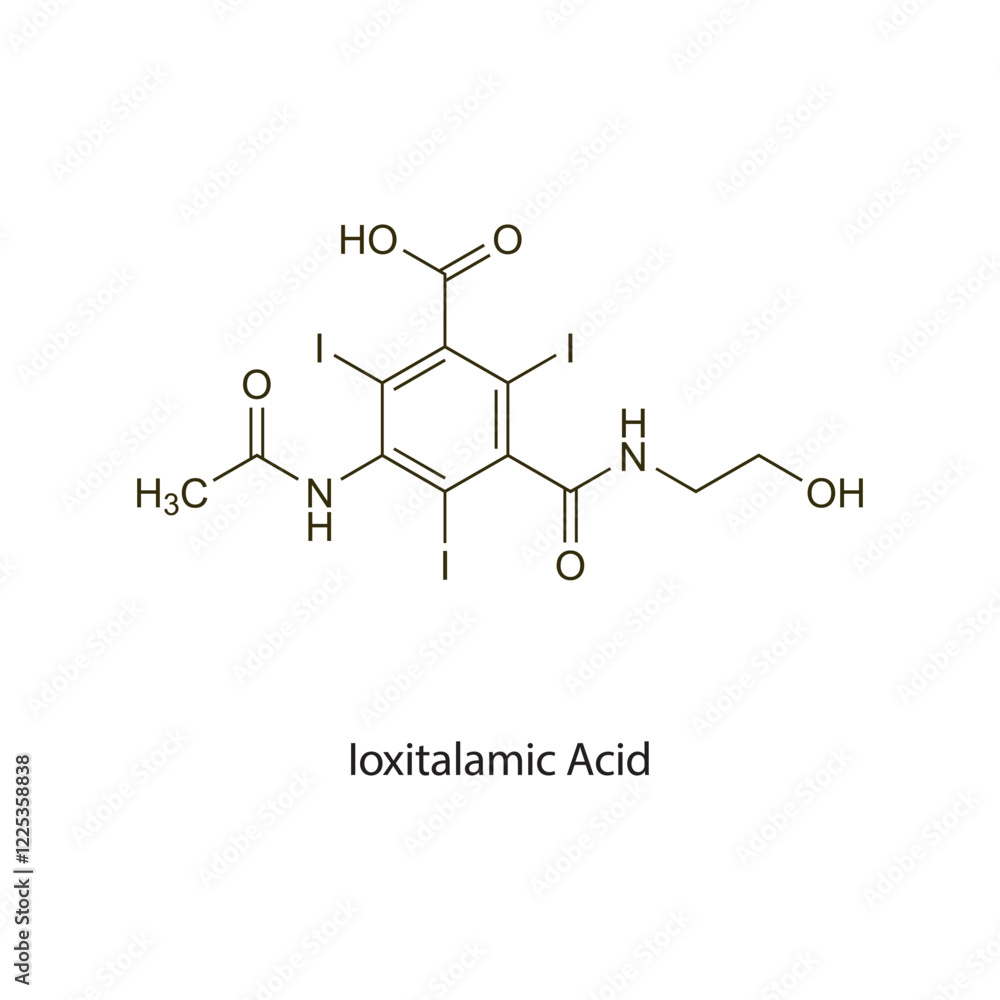 Ioxitalamic Acid flat skeletal molecular structure Contrast media treatment. Vector illustration scientific diagram. Ioxitalamic Acid flat skeletal molecular structure Contrast media treatment. Vector illustration scientific diagram.