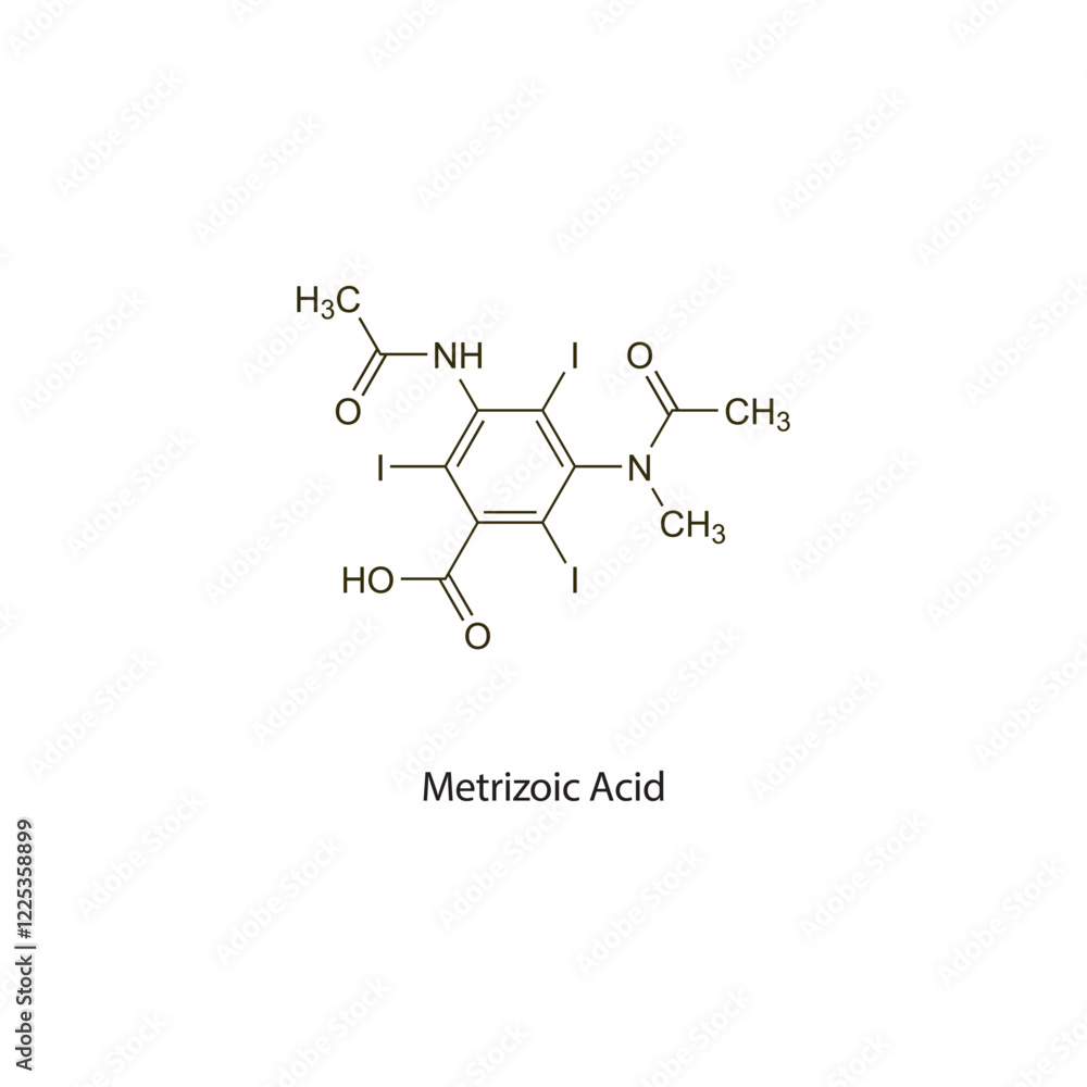 Metrizoic Acid flat skeletal molecular structure Contrast media treatment. Vector illustration scientific diagram. Metrizoic Acid flat skeletal molecular structure Contrast media treatment. Vector illustration scientific diagram.