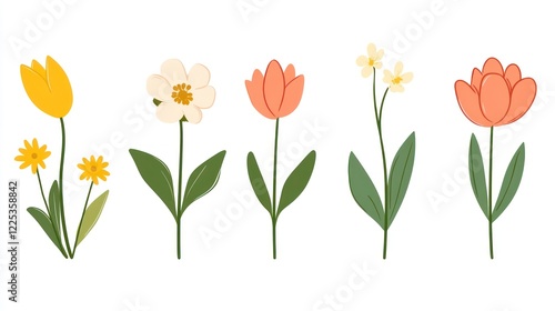 Wallpaper Mural Cute spring flowers and leaves in flat vector style, clipart set isolated on white background, pastel colors Torontodigital.ca