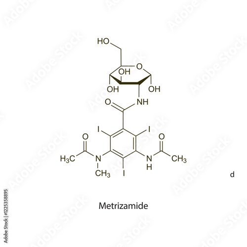 Metrizamide flat skeletal molecular structure Contrast media treatment. Vector illustration scientific diagram.
